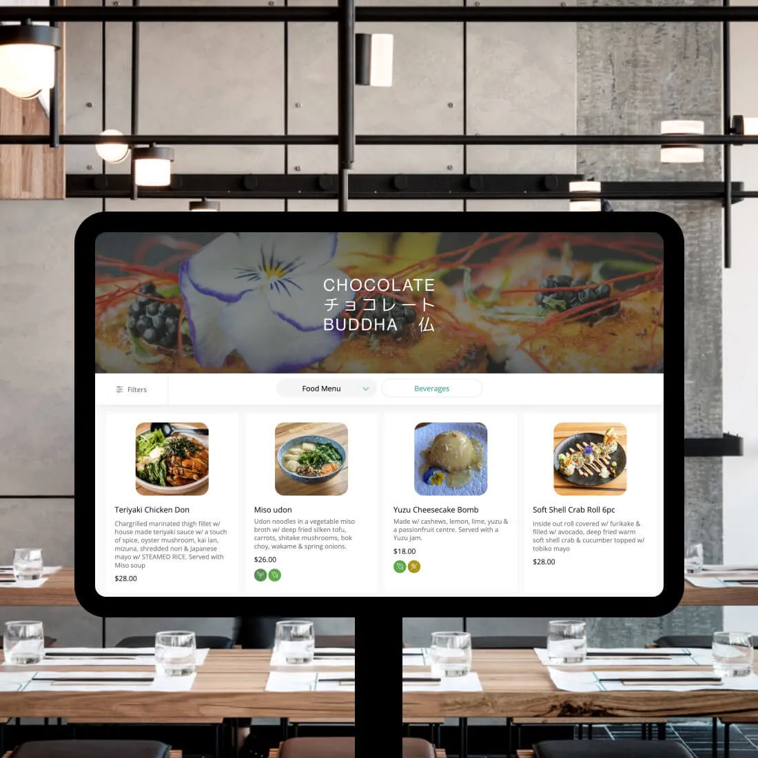 Restaurant tablet menu displaying the Chocolate Buddha food and beverage ordering screen