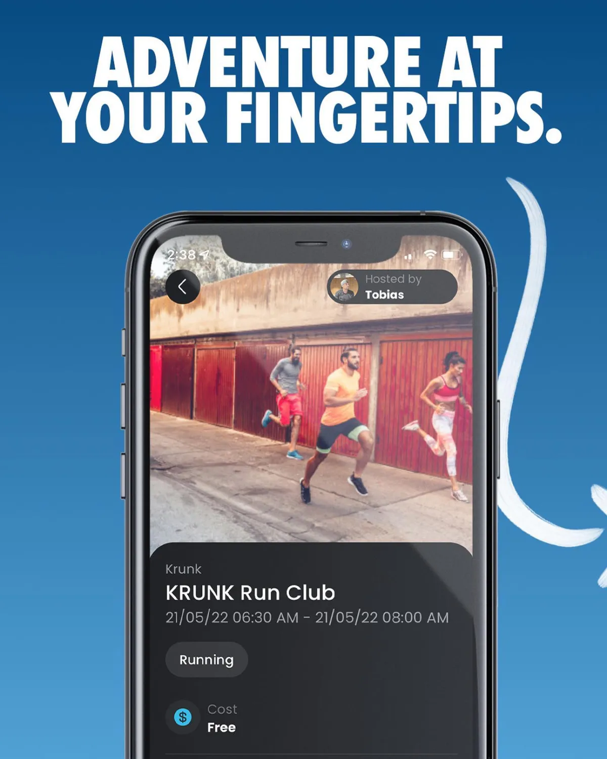 Krunk app event screen for KRUNK Run Club with the tagline Adventure at your fingertips
