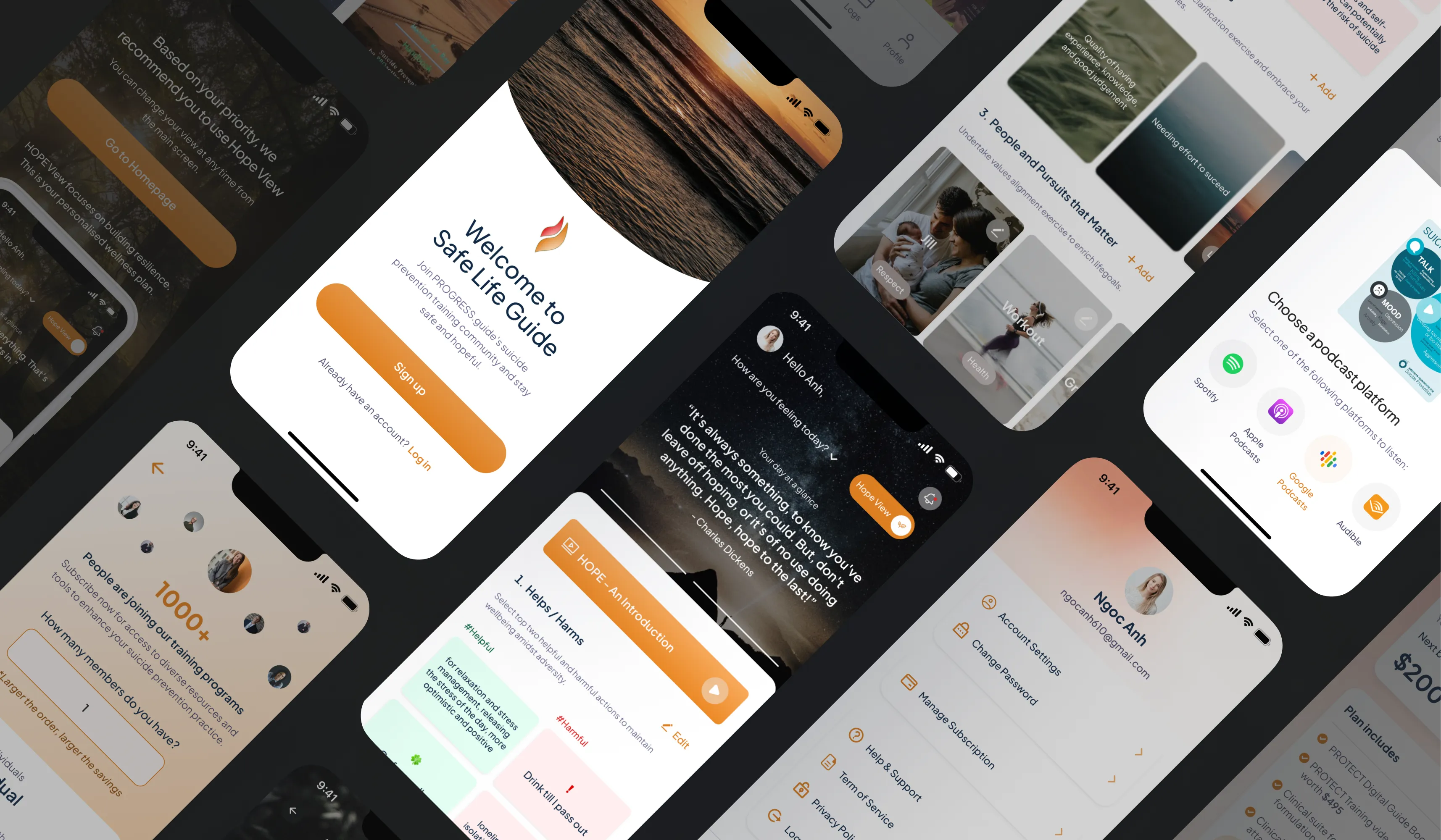 Collage of Safe Guide Life app screens showing onboarding, chat support, and resource library