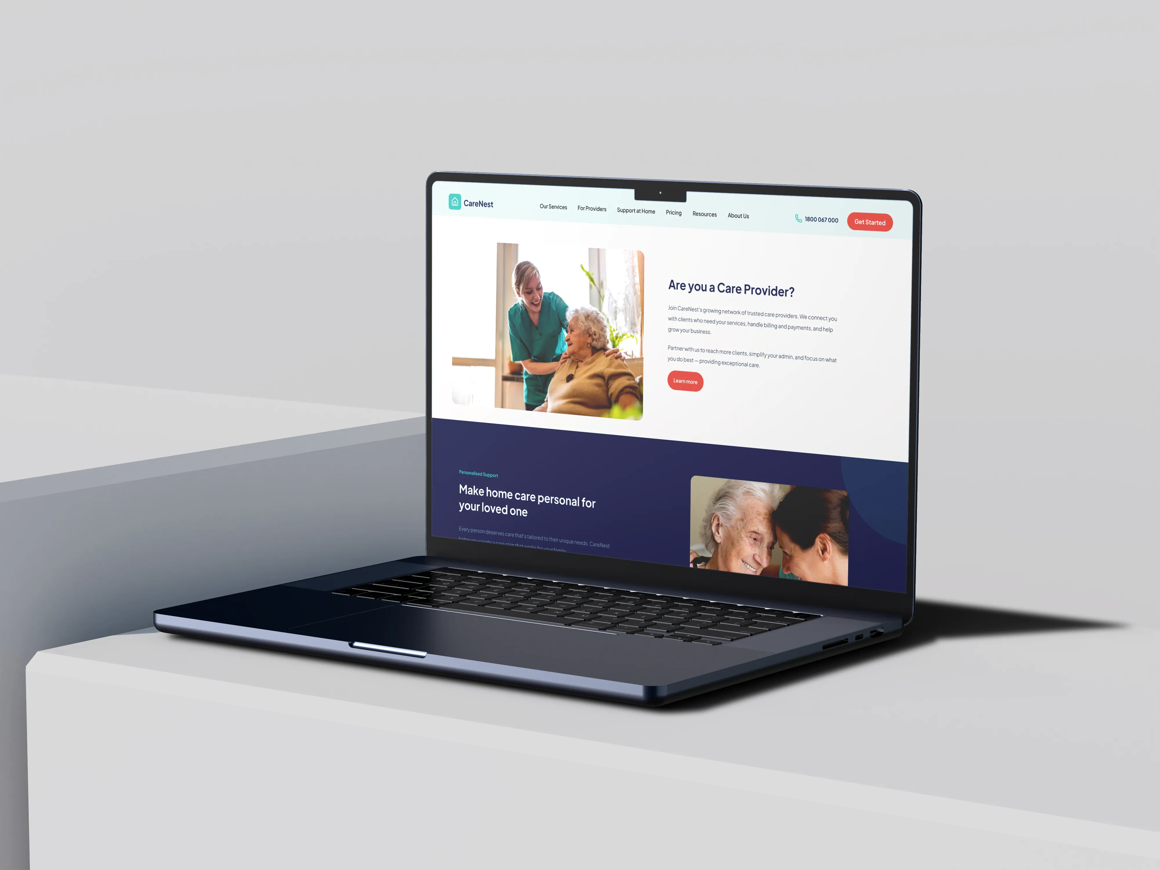 CareNest home care platform website shown on a laptop, highlighting the care provider network